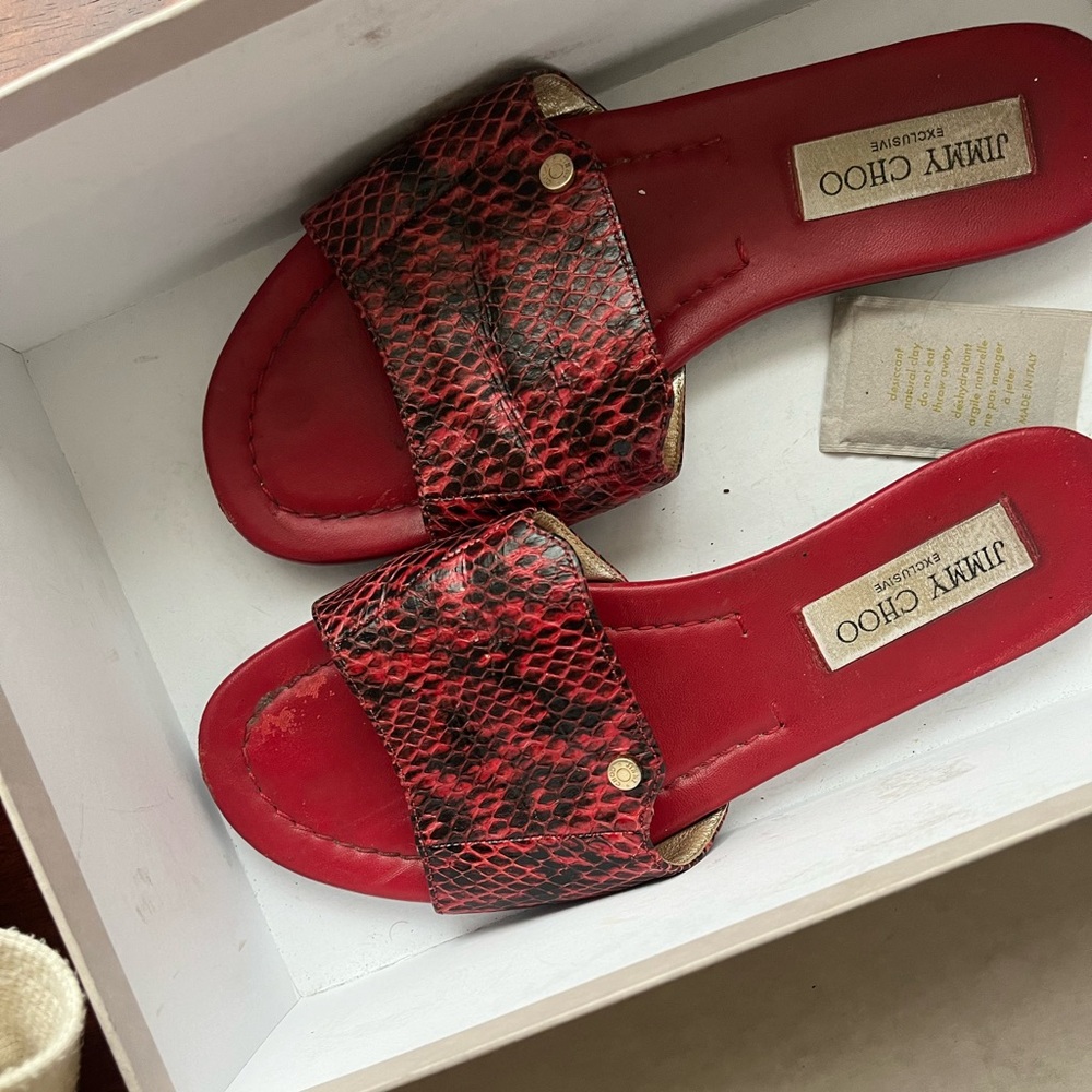 Jimmy Choo Red Snakeskin Slide Sandals